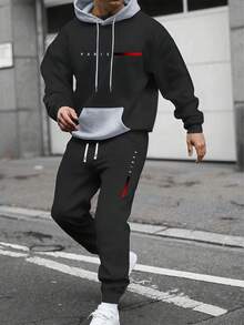 Conjunto de sudadera con capucha y pantalones de chándal con estampado de letras y contraste de colores para hombres, primavera/otoño, moda casual deportiva con bolsillos y cintura con cordón, regalo adecuado para esposo o novio