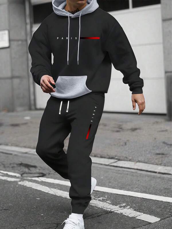 Men's Spring/Autumn Letter Print Contrast Color Hoodie And Sweatpants Set, Fashion Casual Sportswear With Pockets And Drawstring Waist Pants, Suitable Gift For Husband Or Boyfriend