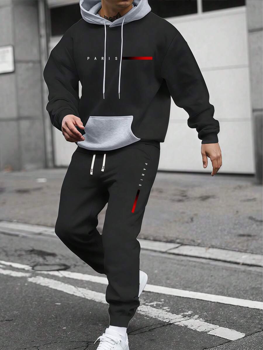 Conjunto de sudadera con capucha y pantalones de chándal con estampado de letras y contraste de colores para hombres, primavera/otoño, moda casual deportiva con bolsillos y cintura con cordón, regalo adecuado para esposo o novio