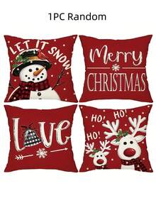 4 piezas/1 pieza Funda de almohada decorativa navideña - Patrón de muñeco de nieve y reno con letras "Que Nieve" y "Feliz Navidad", 45x45 cm | Cierre con cremallera | Material de poliéster | Para sala de estar, habitación, sofá y dormitorio (Relleno no incluido) Excelente para decoraciones navideñas, fiestas de Navidad, decoración del hogar, decoración de habitación de invierno