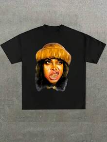 Vintage Portrait Art Graphic T-Shirt,Comfortable Casual Short Sleeve, 220 Grams Heavyweight Cotton Printed T-Shirt - 黑色 - 查看 1