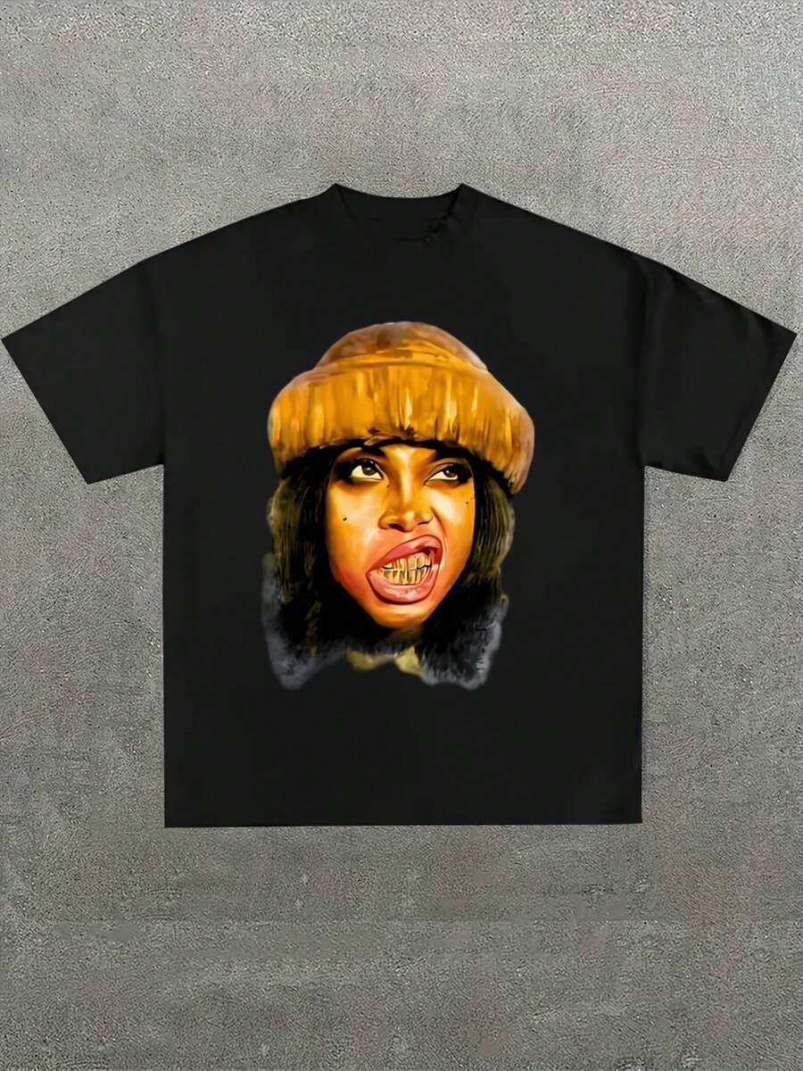 Vintage Portrait Art Graphic T-Shirt,Comfortable Casual Short Sleeve, 220 Grams Heavyweight Cotton Printed T-Shirt - 黑色 - 查看 1