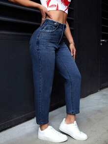 Pantalones vaqueros informales de mujer con bolsillos de forma cónica y multiusos - Azul Marino - Ver 2