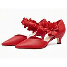 Womens Kitten Heel Closed Toe Pumps Slip On Dress Shoes With Flower Comfortable Formal Party Dance Heels - Đỏ - Xem 4