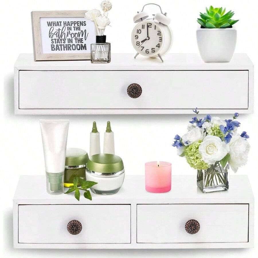 2 Packs Floating Nightstand With Drawer - Rustic Wood Floating Wall Mounted Drawers Floating Shelf With Drawer Living Room, Bedroom, Kitchen, Wall Decor, Storage, Display - White - ban đầu - Xem 1