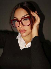 FM  1pc Ladies Burgundy Square PC Frame Vintage Plain Non-Prescription Glasses Suitable For Daily Wear Clear Glasses Accessories, School Glasses Accessories For Women - Báo đen - Xem 1