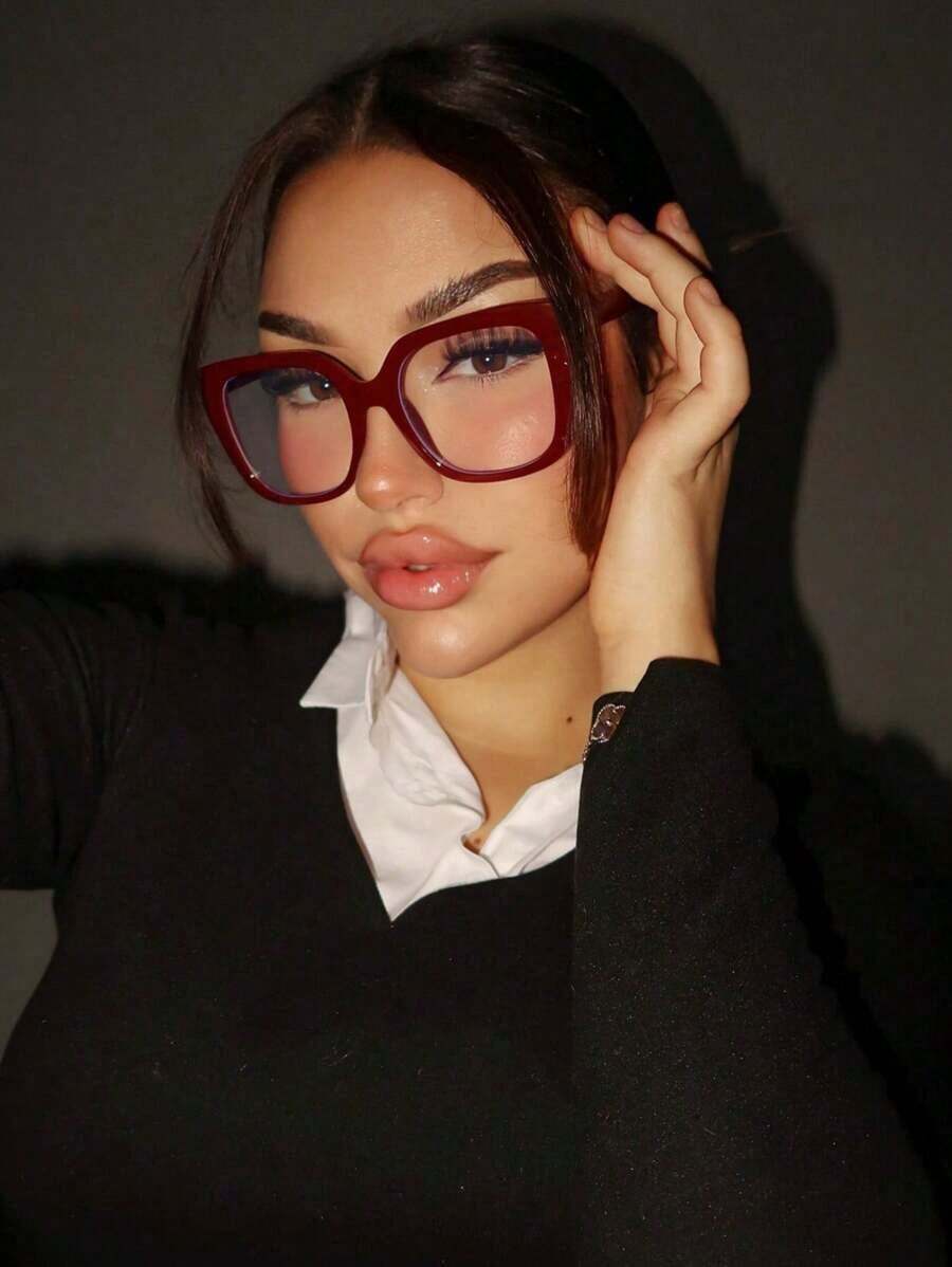 FM  1pc Ladies Burgundy Square PC Frame Vintage Plain Non-Prescription Glasses Suitable For Daily Wear Clear Glasses Accessories, School Glasses Accessories For Women - Báo đen - Xem 1
