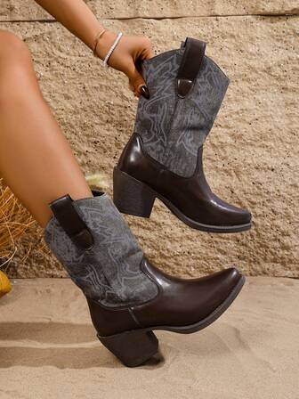 Western-Style Printed Fabric Upper, Fashionable Design, Chunky Heel, Suitable For Daily Wear, Women's Western Boots, Women's Ankle Boots, Fashion Boots