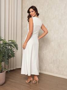 Women's Set: Vest With Fake Pocket And Buttons And Long Twill Skirt - White - View 4