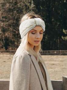 2pcs/1pc European & American Velvet Lined Knitted Headband With Twisted Bow, Sports Headwrap Ear Warmer Hairband - Solid Color - View 6