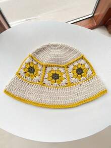 1pc Unisex Knitted Bucket Hat, Handmade Embroidered Bucket Hat, Warm & Windproof, Suitable For Spring & Autumn, Outdoor, Street, Retro Wave Brim