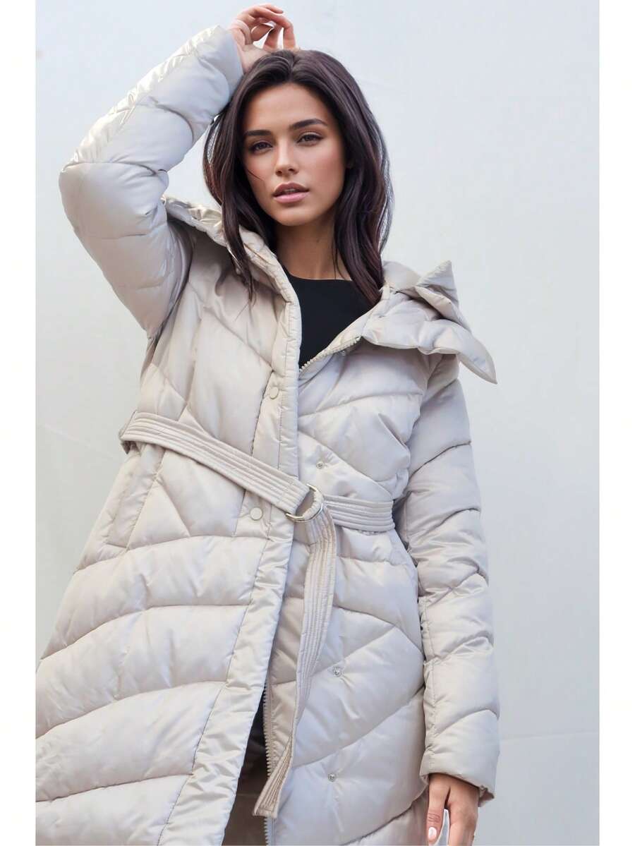 女士冬季绗缝羽绒服，防寒保暖，带可拆卸帽子和腰带，持久保暖舒适 - 米色 - 查看 1