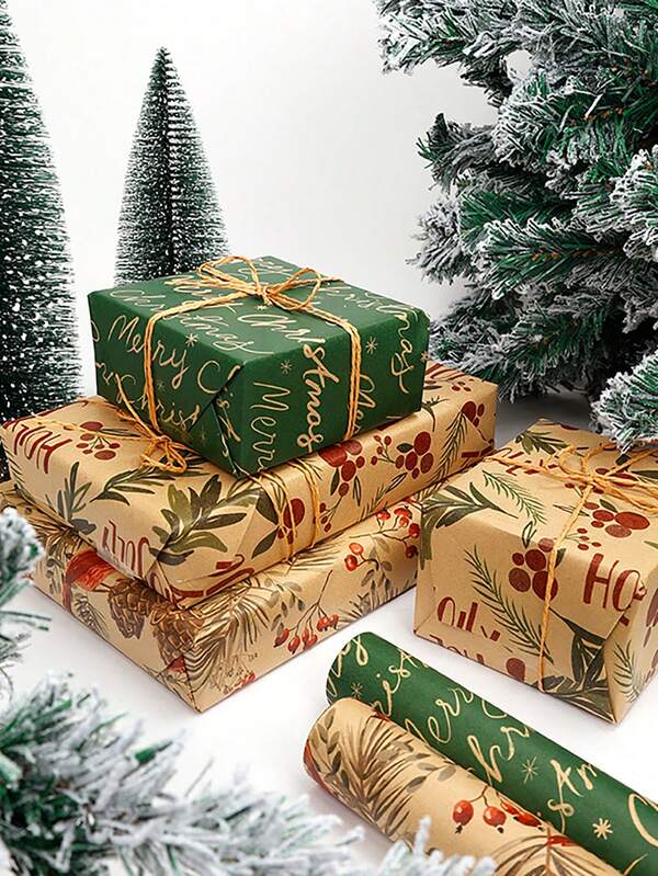 1/3 szt. świątecznego papieru do pakowania prezentów, papier z ostrokrzewem, jagodami i płatkami śniegu do pakowania prezentów i dekoracji świątecznych, ozdoby świąteczne | Wzór płatka śniegu | Rolka papieru pakowego, papier do pakowania prezentów świątecznych, opakowania sezonowe, elegancki napis