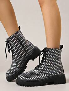 Botas Ankle Femininas, Salto Baixo, Design com Cadarço e Zíper Lateral, Coloridas e Brilhantes na Moda