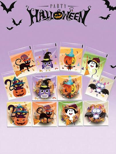 100/200 piezas Bolsas de celofán para dulces de Halloween, bolsas de embalaje para galletas de Halloween, bolsas de embalaje con diseños de calabaza, fantasma, gato negro, murciélago y búho, bolsas de celofán autoadhesivas transparentes para galletas y dulces, bolsas de plástico autoadhesivas para regalos y meriendas para fiestas de Halloween, trucos o dulces, suministros para fiestas (6 estilos)