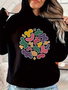 Women'S Black Hoodie With Colorful Abstract Print For Casual Wear - Black 6 - View 1
