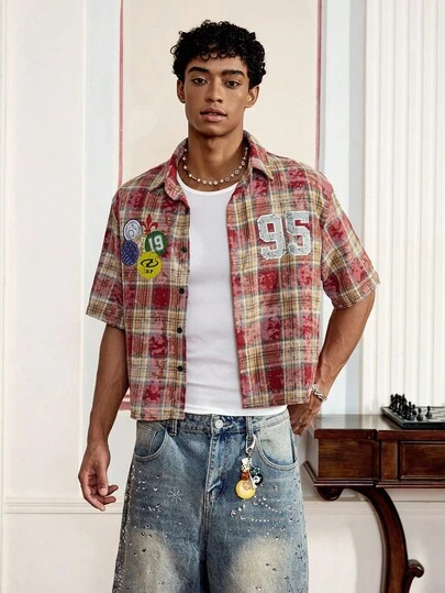 Men's Loose Plaid Short Sleeve Woven Shirt, Streetwear Ready