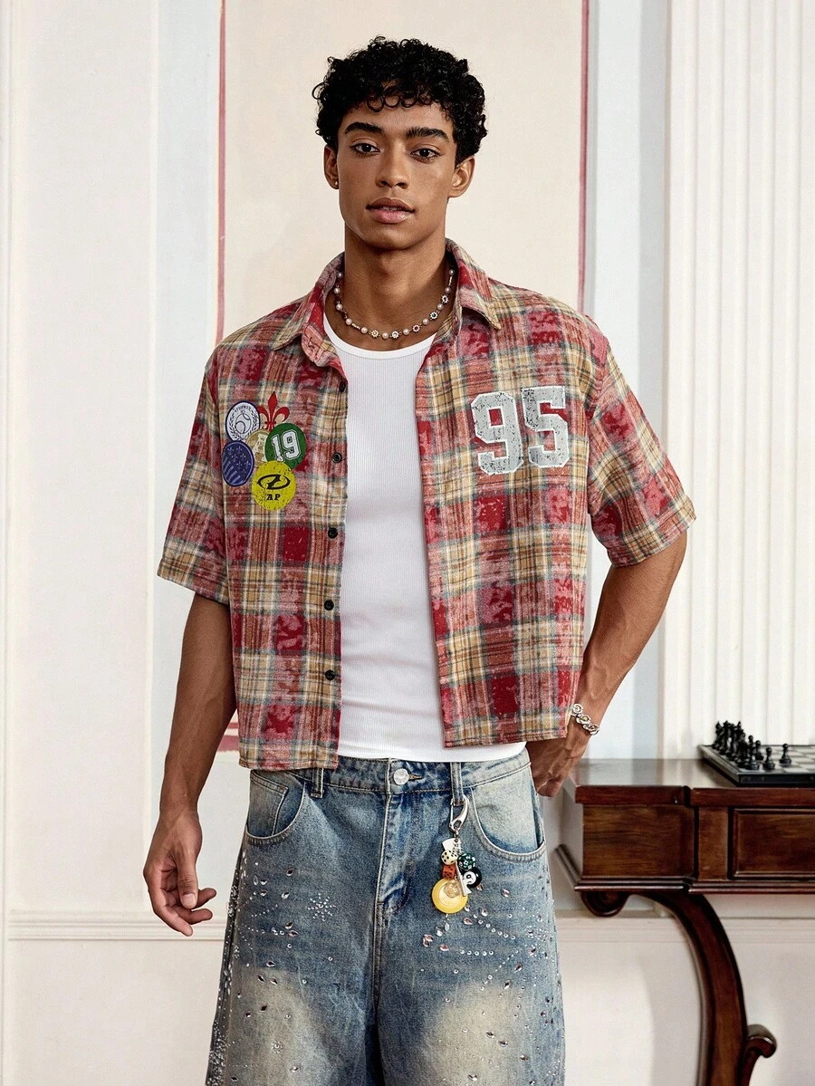 Men's Loose Plaid Short Sleeve Woven Shirt, Streetwear Ready - Multicolor - View 1