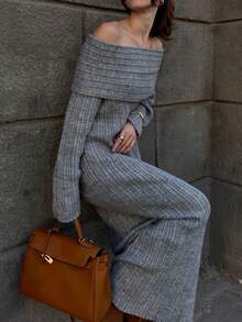 Vivid Style Women's Minimalist Fashion Elegant Off-Shoulder Design Slim-Fit Silhouette Versatile And Stylish Bodycon Knit Sweater Dress