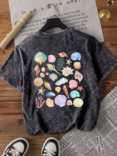 Áo thun mùa hè cỡ lớn dành cho nữ, áo thun cotton cổ tròn tay ngắn in họa tiết vỏ sò đại dương, kiểu dáng ngọt ngào và dịu dàng, áo thun họa tiết cỡ lớn dành cho nữ, trang phục mùa hè dành cho nữ
