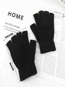 1 双男女款无指/全指户外徒步时尚手套，薄针织学生写作保暖半指手套 - 黑色 - 查看 2