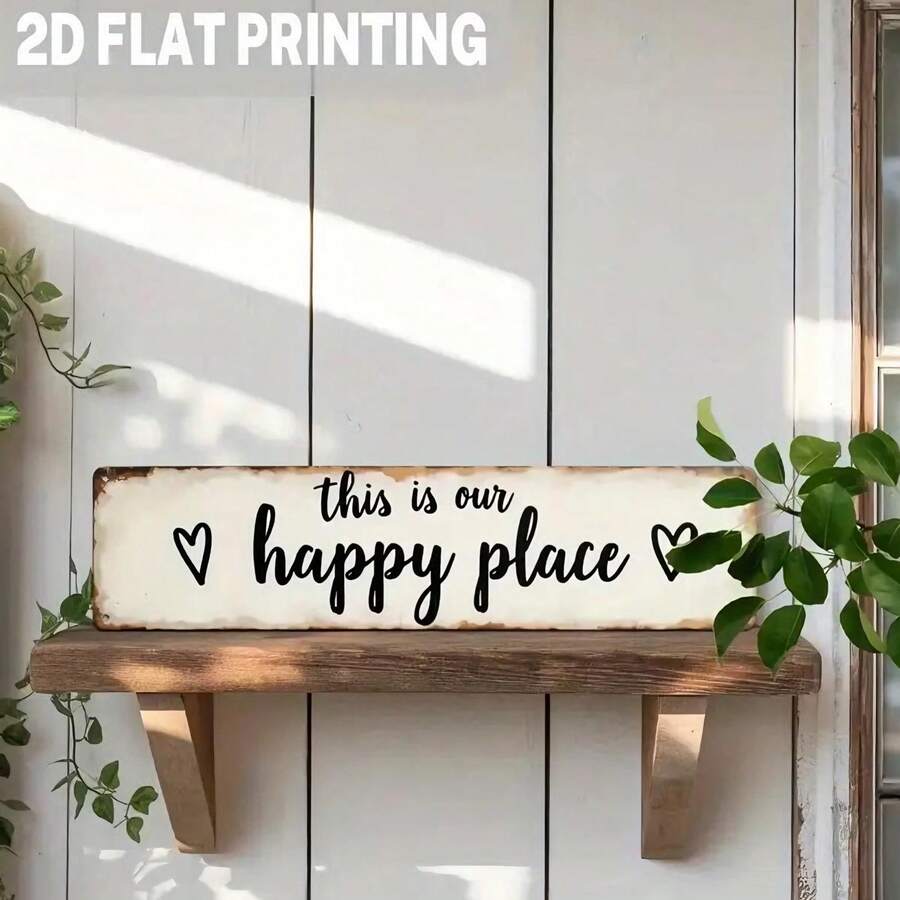 2D phẳng, 1 mảnh trang trí tường bằng kim loại cổ điển "Đây là nơi hạnh phúc của chúng ta" - Phong cách trang trại cũ kỹ với điểm nhấn hình trái tim, 9,98x39,98cm, dễ treo trang trí trong nhà cho phòng khách, phòng ngủ, nhà bếp, 2D phẳng - Nhiều màu - Xem 1