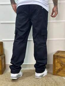 Men's Wide Leg Cargo Pants, Casual Skate, Side Pocket - Black - View 2