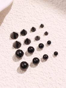 1set 16pcs  Stainless Steel Geometric Ball Fake Piercing Stud Set Fake Nose Ring Stud Sticker Pack Fake Eyebrow Lip Piercing Non Piercied Body Jewelry - Silver - View 3