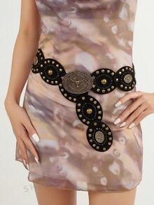 Cinturón trenzado de estilo callejero - Patchwork de bloques de color con rejilla de strass, bohemio de playa, casual vintage, aleación de zinc - Negro - Ver 2