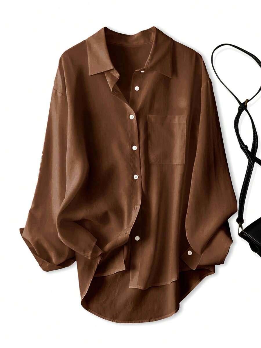 Women's Casual Loose Long Sleeve Shirt, Spring/Autumn - Brown - View 1