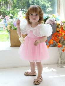 Đầm công chúa màu hồng tay phồng bằng vải voan thanh lịch cho bé gái 0-4 tuổi, thích hợp cho tiệc sinh nhật lần thứ nhất, tiệc chiêu đãi, đám cưới. - Hồng - Xem 7