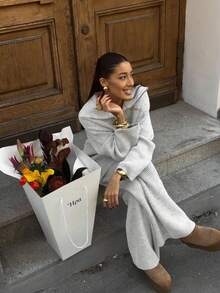 VIBEWAVE 新年休闲针织衫套装，宽松翻领半拉链长袖毛衣和高腰阔腿裤两件套 - 淺灰色 - 查看 2