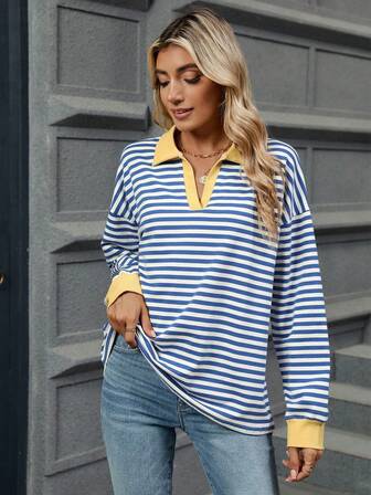 Women's Long Sleeve Striped Contrast Color Collar Casual Sweatshirt, Comfortable For Commuting, Spring/Autumn
