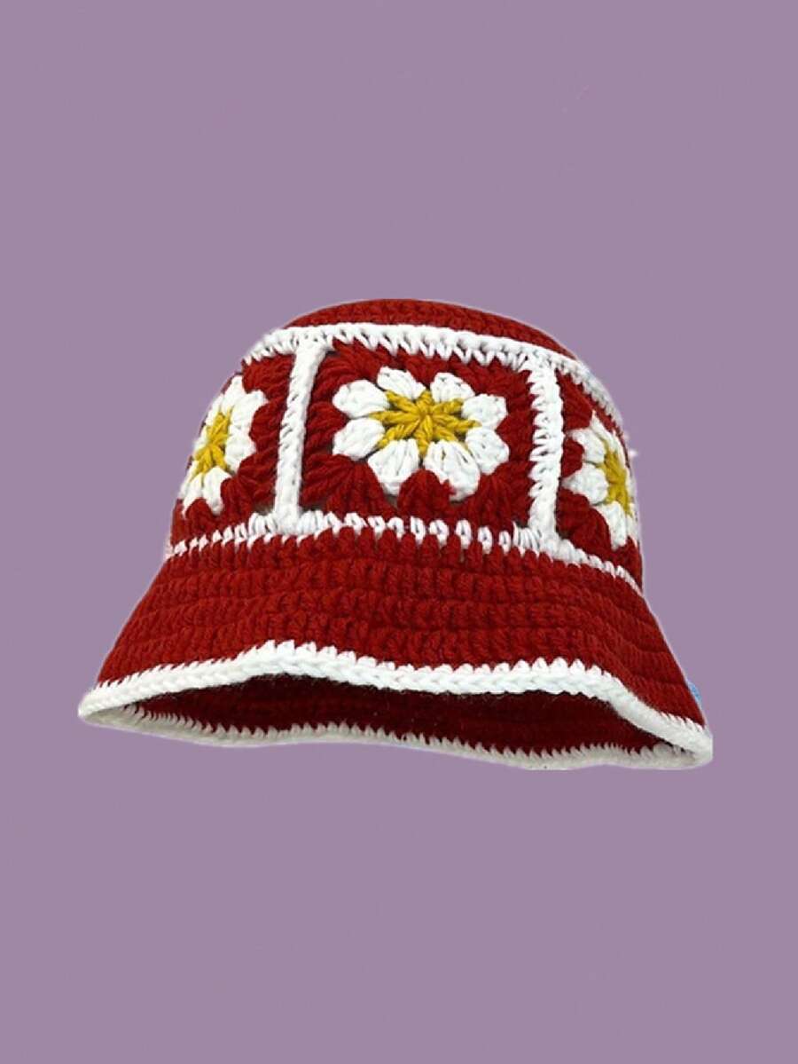 1pc Unisex Knitted Bucket Hat, Handmade Embroidered Bucket Hat, Warm & Windproof, Suitable For Spring & Autumn, Outdoor, Street, Retro Wave Brim