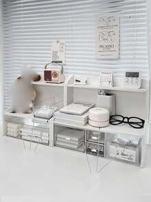 1 Peça Prateleira Dupla de Mesa Suporte de Exibição Multifuncional, Rack de Armazenamento de Cosméticos, Escritório, Dormitório, Caixa de Armazenamento de Papelaria Multifuncional, Cômoda, Adequado para Armazenamento de Quarto e Banheiro, Estilo Feminino, Branco Leitoso. Dia de Natal