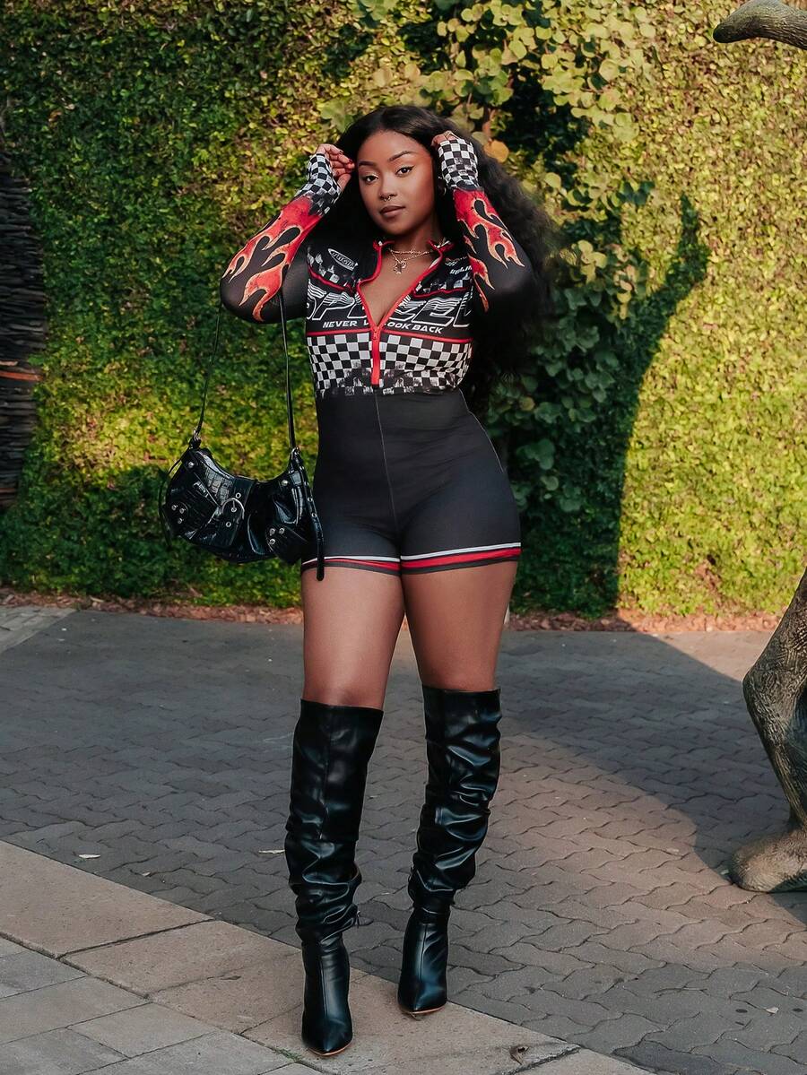 PeachySprinkles Y2k Going Out Sports Style Long Sleeve Jumpsuit With Motorcycle Print - Black - View 1