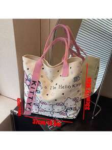 Sanrio Bolso de lona con diseño de Hello Kitty de Sanrio, bolso de mano lindo de KT, bolso de hombro versátil con diseño de dibujos animados, bolso de gran capacidad para ir y volver del trabajo, adecuado para viajes, vuelta al colegio, ir y venir del trabajo