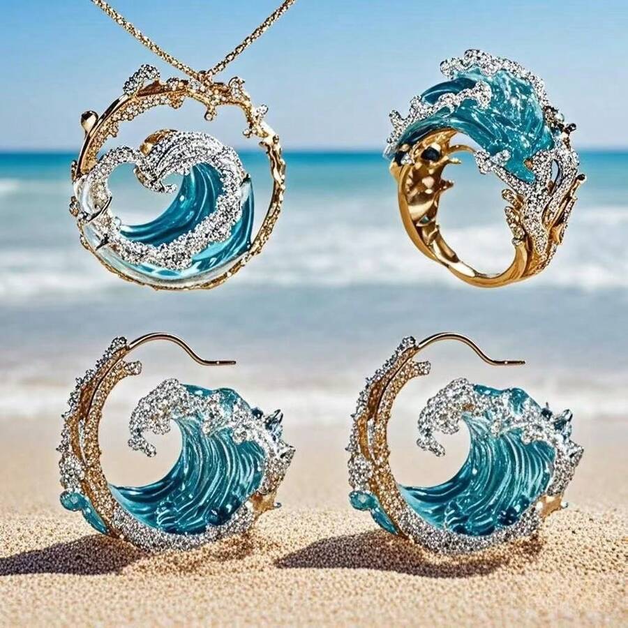 Wave Necklace Set Creative New Light Luxury Ocean Wave Design Ring Earrings Versatile With Gold Decoration Perfect For Beach Theme Gifts Beach Accessories Elegant Jewelry Set Detailed Wave Design - Nhẫn vàng - Xem 1