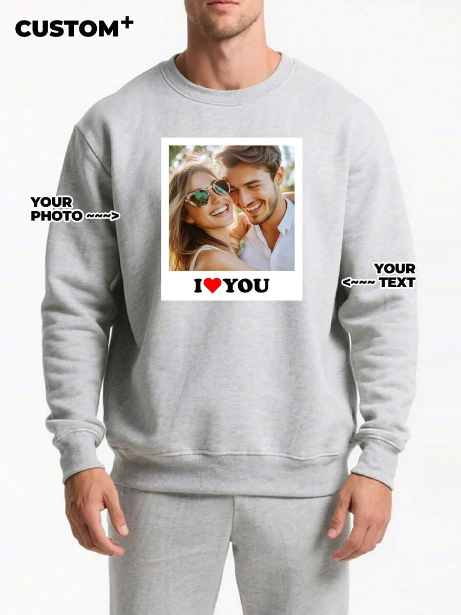 Customized Men's Crew Neck Sweatshirt, Breathable And Comfortable, Can Add Photo/Text Design To Personalize Sweatshirt As Gift For Boyfriend. Customized Sweatshirt.