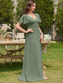 Volly Toych Đầm chiffon dáng chữ A thanh lịch với tay áo xếp bèo, thích hợp cho các dịp trang trọng như phù dâu, khách dự đám cưới và mẹ cô dâu, mùa thu. - Màu xanh Cadet - Xem 5