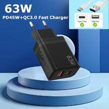 63W Fast Charger, Dual Port PD+QC3.0 USB-C Fast Charging Adapter, Compatible With Galaxy S24 Ultra/S24+/S24/S23 Ultra/S23/S22/S21/S20, A55/A54/A25/A15, Z Fold 6, 17/16/15, IPad Pro Air, Pixel - EU C Type Plug(220-240V) - View 8