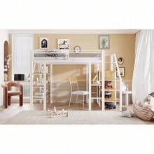 Hochbett 140*200cm, dreilagiges Ablageregal, Schreibtisch, Kleiderschrank, Sicherheitsstufen mit Ablagefach, hohes Zaundesign, Eisenbett, Einzelbett, Weiß