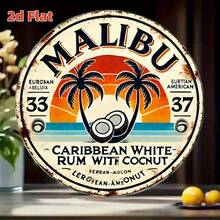 Malibu Caribbean White Rum Vintage Aluminum Sign - 8" Round Waterproof, Coconut Design, Tropical Bar Home Decor, Rustic Finish - 彩色 - 查看 1