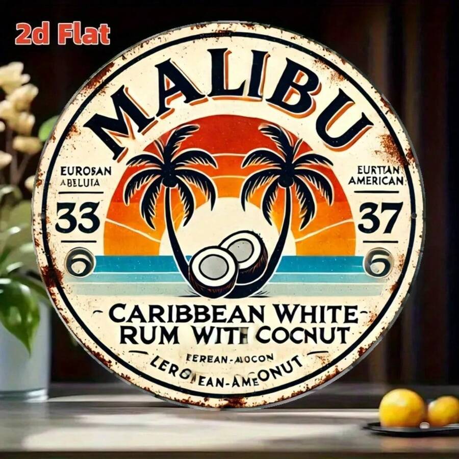 Malibu Caribbean White Rum Vintage Aluminum Sign - 8" Round Waterproof, Coconut Design, Tropical Bar Home Decor, Rustic Finish - 彩色 - 查看 1