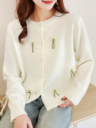 Korean Style Autumn/Winter New Gentle Sweet Reducing Age Design Bowknot Decor Knitted Cardigan Sweater For Women