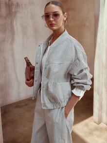 Sollinarry 2pcs Women's Spring Striped Zip-Up Collar Long Sleeve Jacket Top And Loose Fit Pants Set - Black and White - View 2