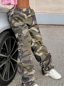 Pantalones Vaqueros Rectos con Estampado Camuflaje - Corte Medio, Diseño Militar y Lavado Clásico - Verde militar - Ver 1