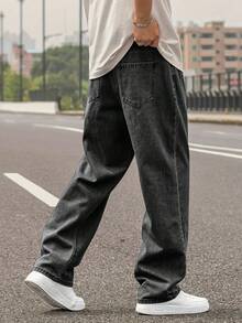 Calça Jeans Retos Masculinos Lavados Azul Claro, Denim Masculinos Folgados, Estilo Retrô Y2K, Simples e Versátil