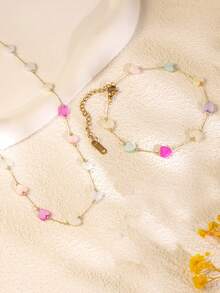 1 套时尚可爱的不对称彩色心形不锈钢首饰套装，适合女性日常佩戴、订婚派对、婚礼 - 金黃色 - 查看 7