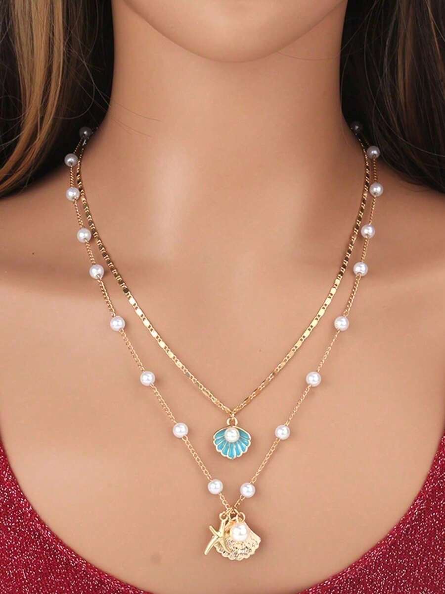 2pcs/Set Beachy Metal Starfish, Pearl & Shell Necklace Jewelry Set, Resort Style - 藍色 - 查看 1